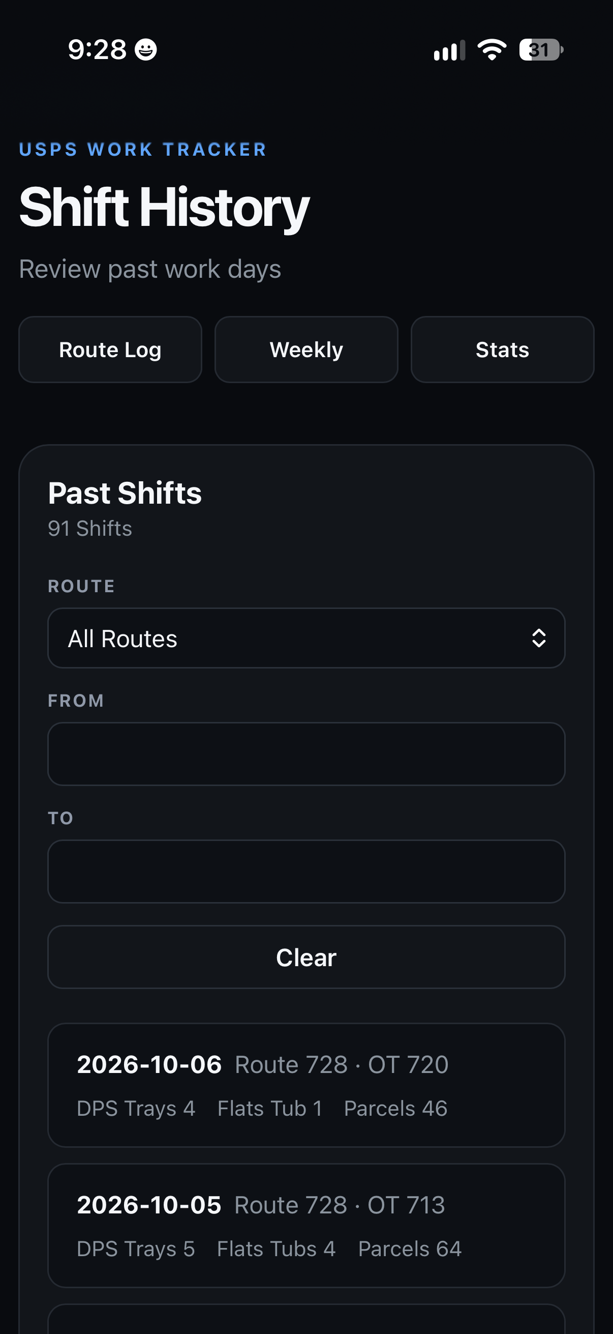 Route Log shift history