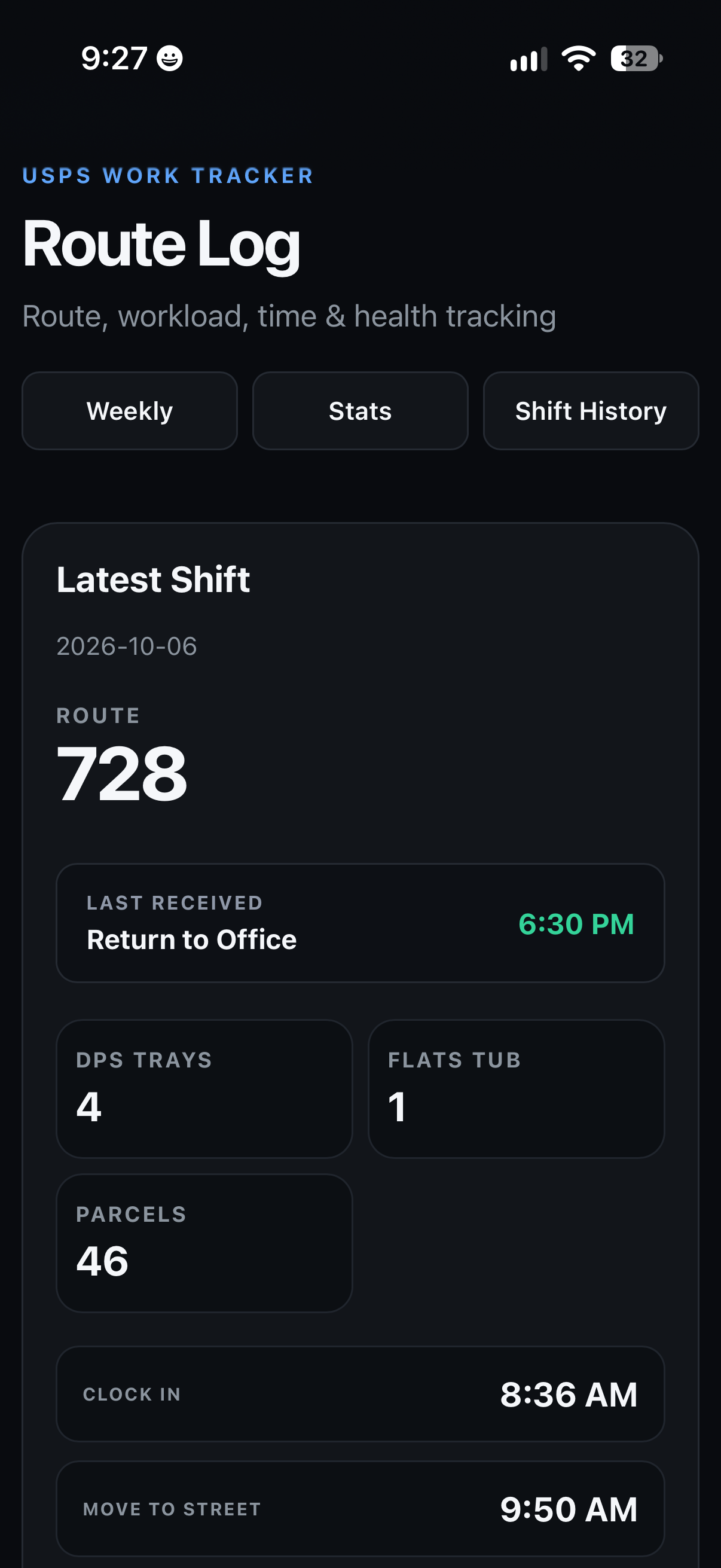 Route Log showing the latest shift